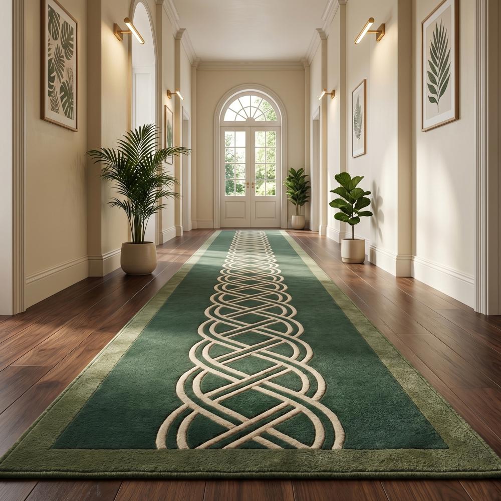 Dark Green Runner Rug with Cream Celtic Knot Geometric Pattern