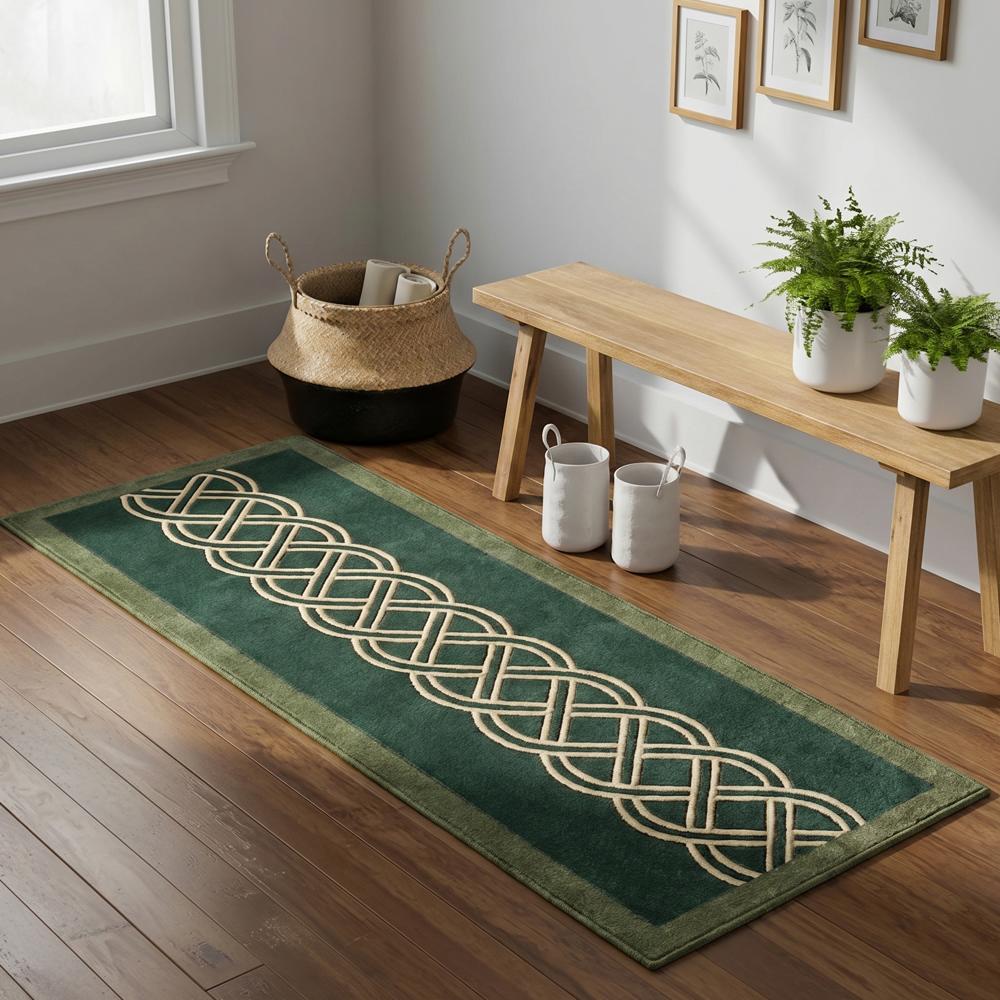 Dark Green Runner Rug with Cream Celtic Knot Geometric Pattern