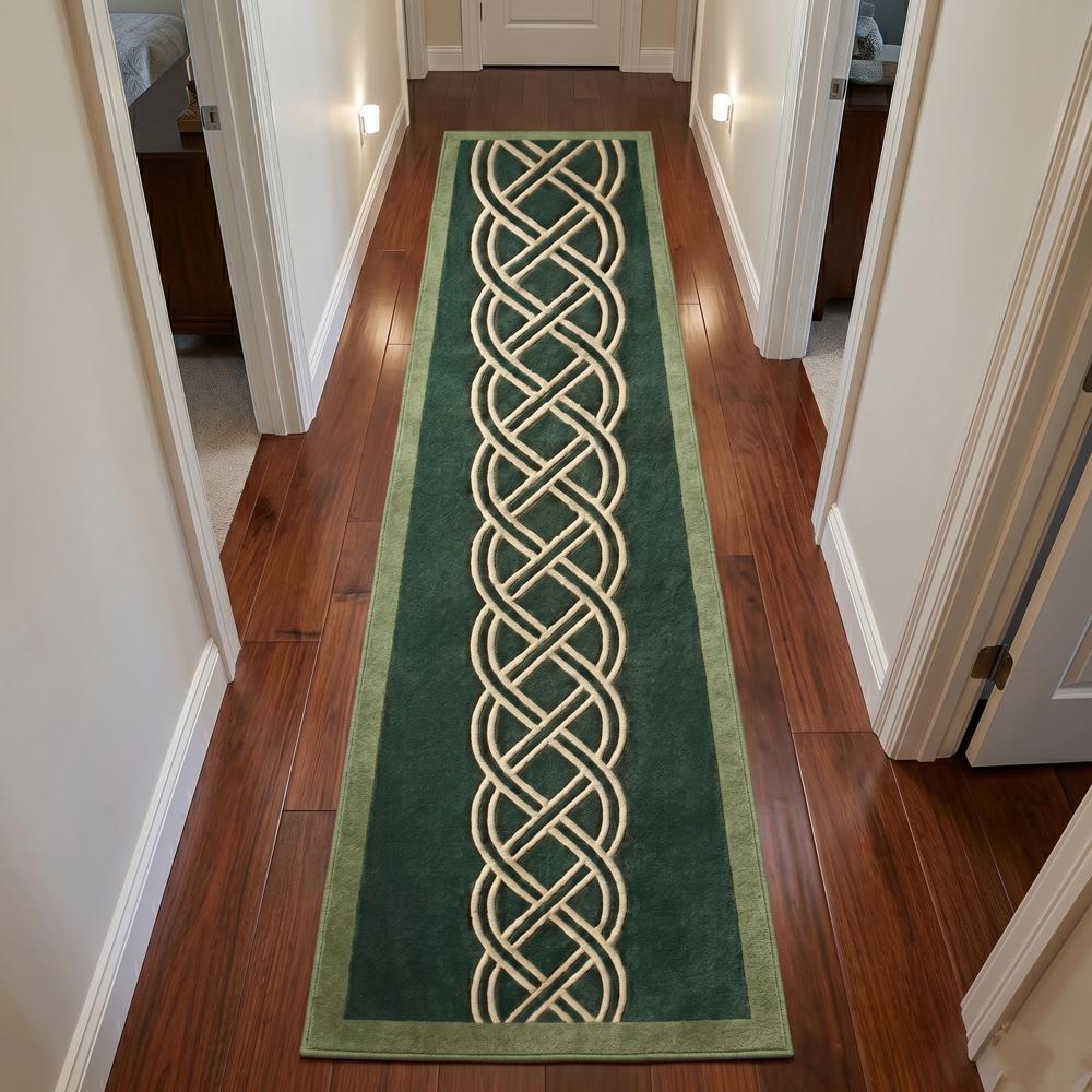 Dark Green Runner Rug with Cream Celtic Knot Geometric Pattern