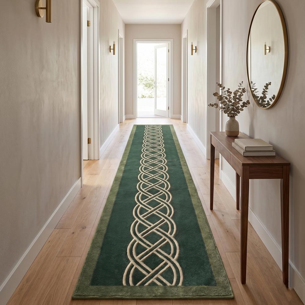 Dark Green Runner Rug with Cream Celtic Knot Geometric Pattern