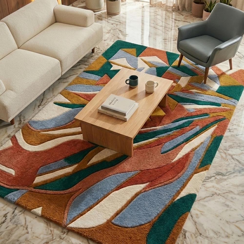Modern Abstract Geometric Tufted Rug with Multicolor Artistic Pattern