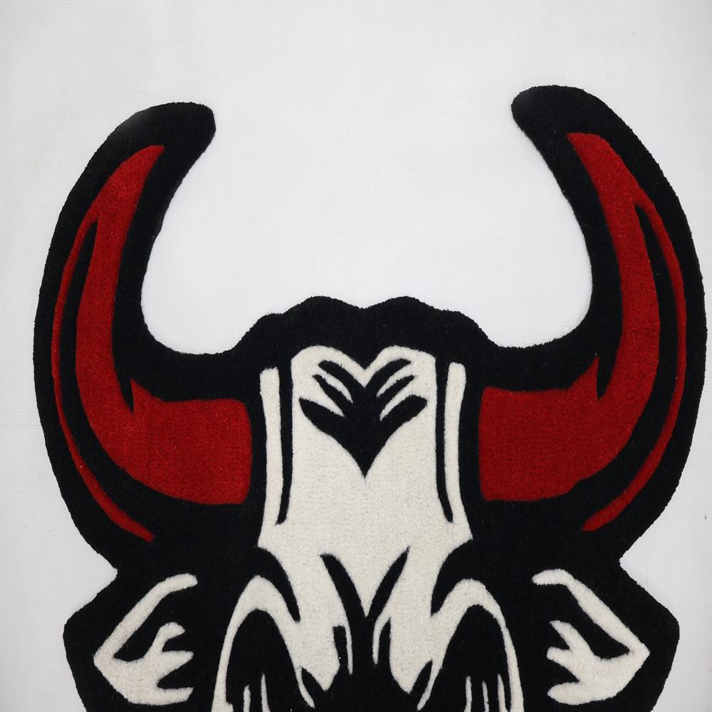 Custom Bull Head Shaped Rug with Red Horns in Black and White Tufted Design