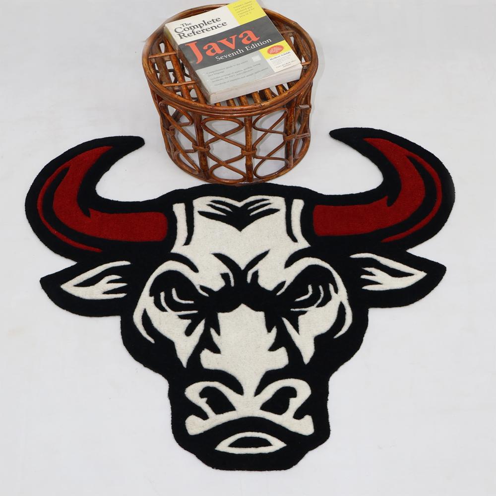 Custom Bull Head Shaped Rug with Red Horns in Black and White Tufted Design