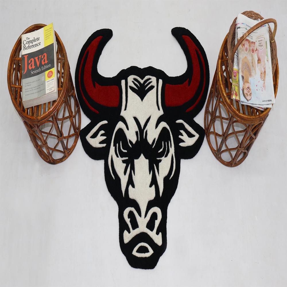 Custom Bull Head Shaped Rug with Red Horns in Black and White Tufted Design