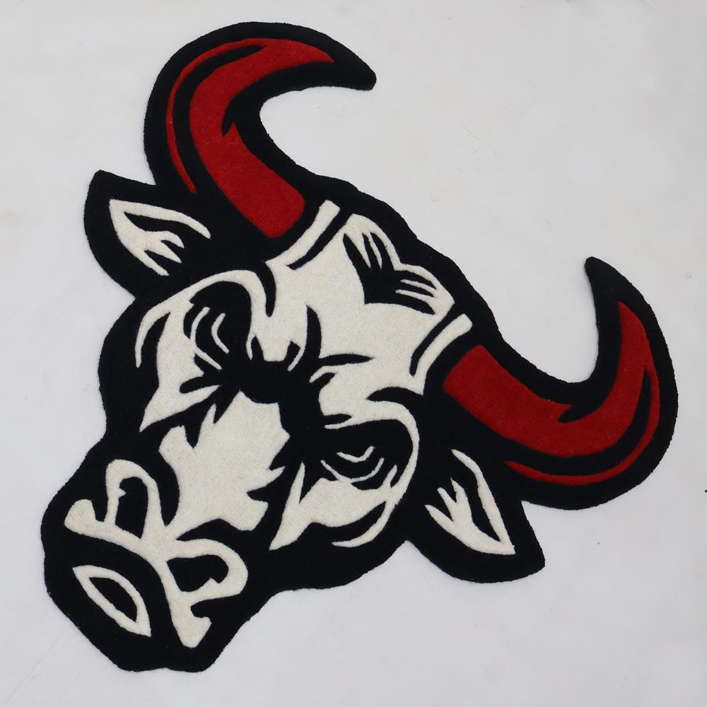 Custom Bull Head Shaped Rug with Red Horns in Black and White Tufted Design