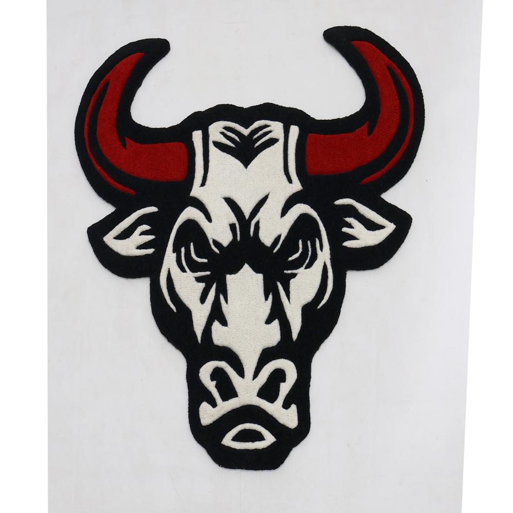 Custom Bull Head Shaped Rug with Red Horns in Black and White Tufted Design