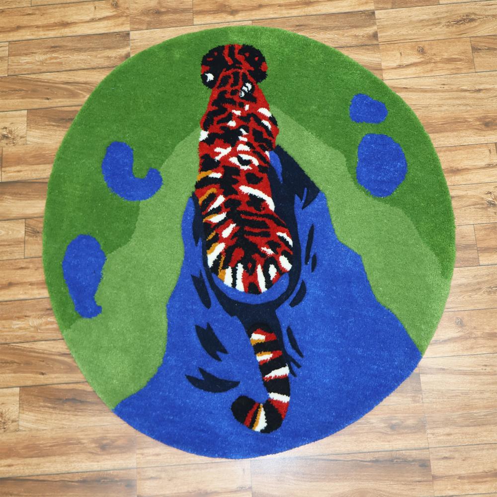 Round Green Tufted Rug with Colorful Tiger Design and Blue Abstract Pattern
