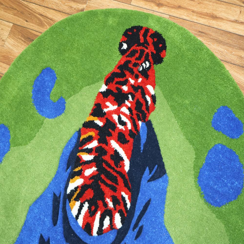 Round Green Tufted Rug with Colorful Tiger Design and Blue Abstract Pattern
