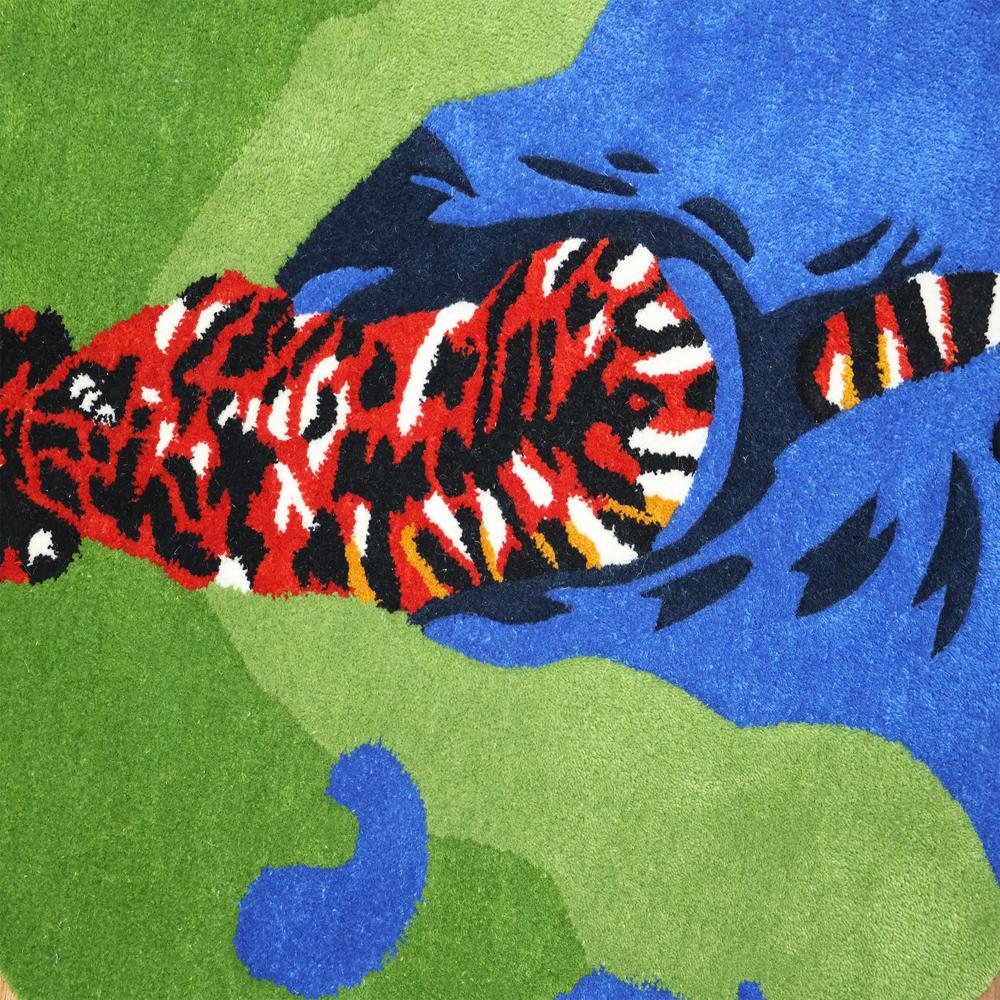 Round Green Tufted Rug with Colorful Tiger Design and Blue Abstract Pattern