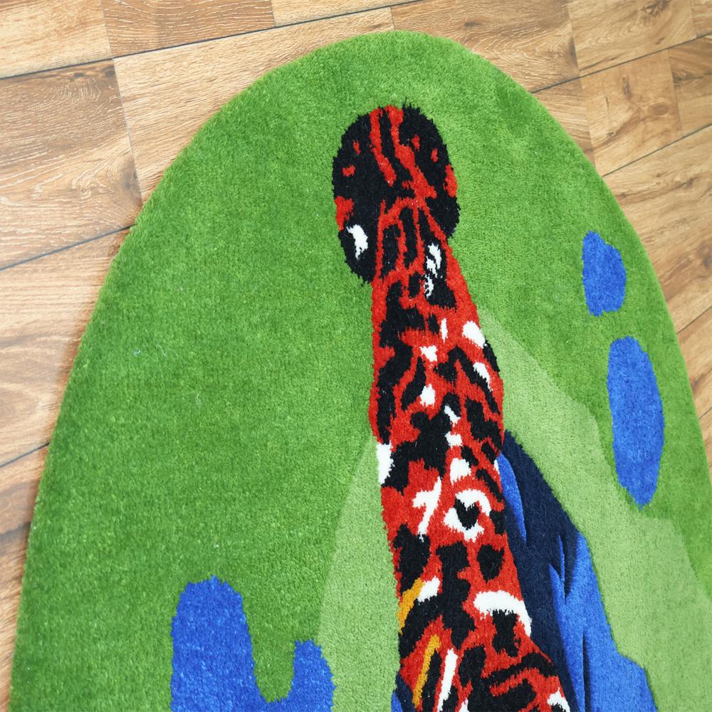 Round Green Tufted Rug with Colorful Tiger Design and Blue Abstract Pattern