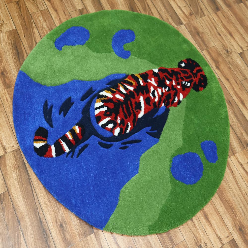 Round Green Tufted Rug with Colorful Tiger Design and Blue Abstract Pattern