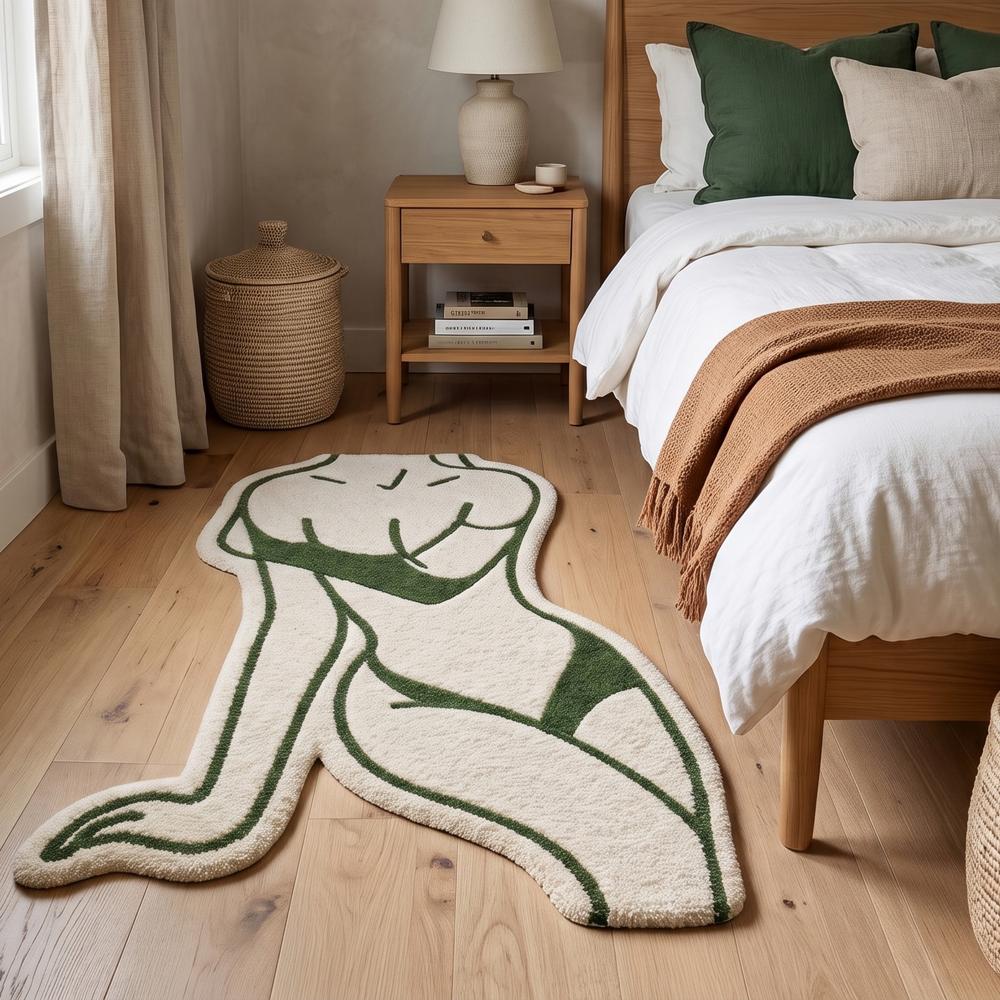 Abstract Woman Wool Rug, Green Cream Modern Decor