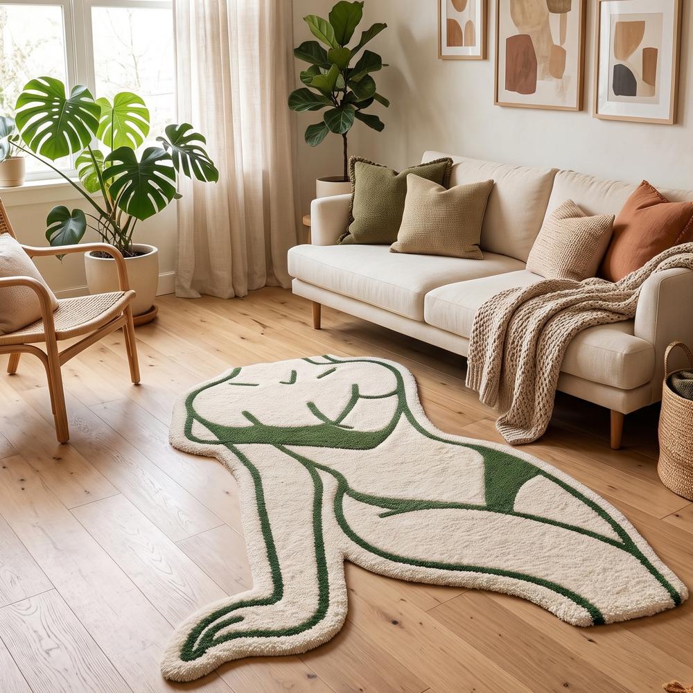Abstract Woman Wool Rug, Green Cream Modern Decor