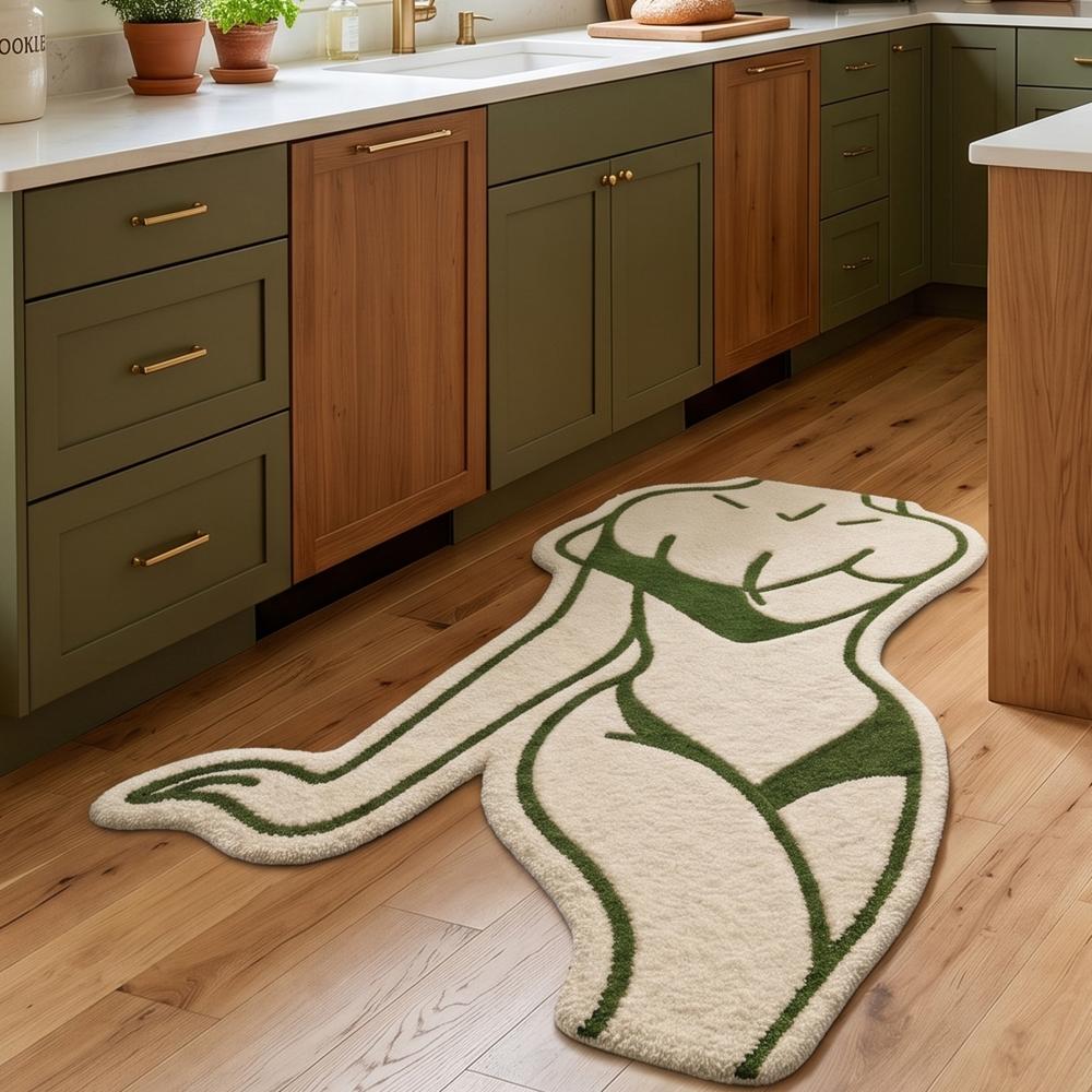 Abstract Woman Wool Rug, Green Cream Modern Decor