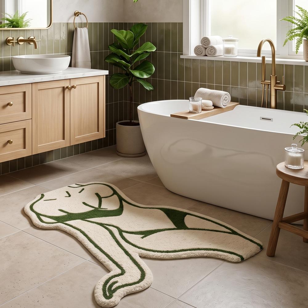 Abstract Woman Wool Rug, Green Cream Modern Decor