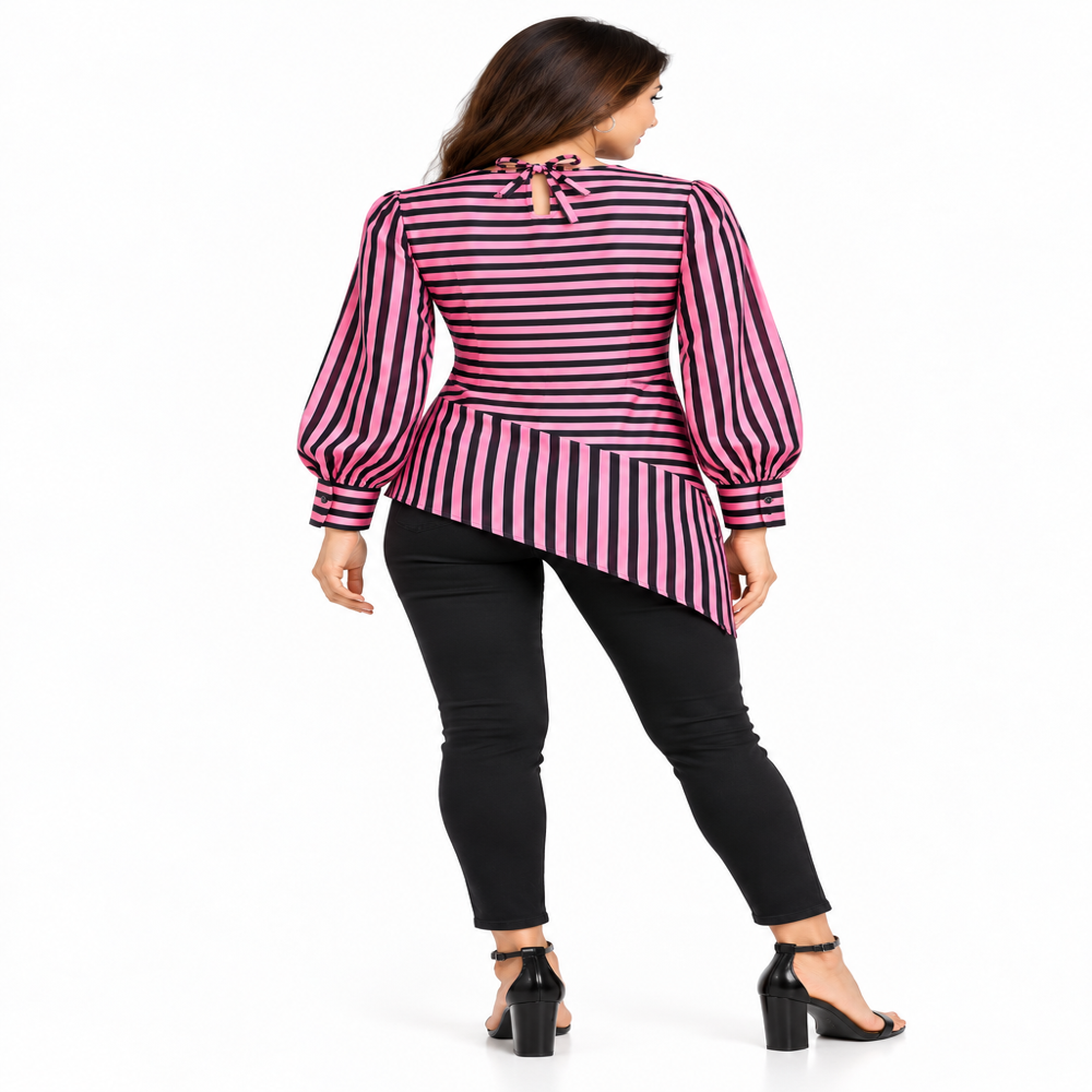 Export Surplus Women Pink And Black Striped Asymmetric Top - Feature: Comfortable