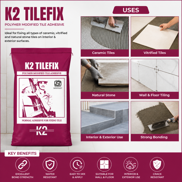 K2 Tilefix Polymer Modified Tile Adhesive for Ceramic, Porcelain & Vitrified Tiles