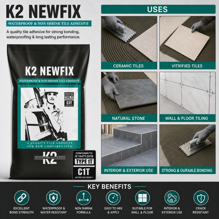 K2 Newfix Waterproof & Non-Shrink Tile Adhesive, Ready-to-Use Tile Fixing Adhesive for Ceramic, Porcelain & Floor Tiles