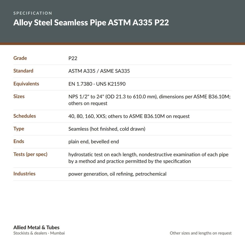 Alloy Steel P22 Seamless Pipe ASTM A335 / ASME SA335