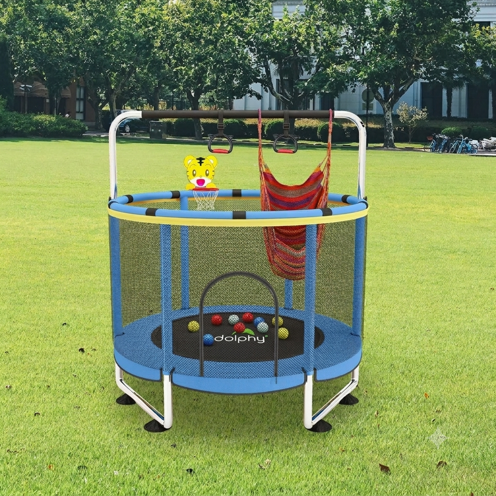 Dolphy 55 Inch Toddler Trampoline With Basketball Hoop, Sand Bag, & Safety Net - Color: Blue