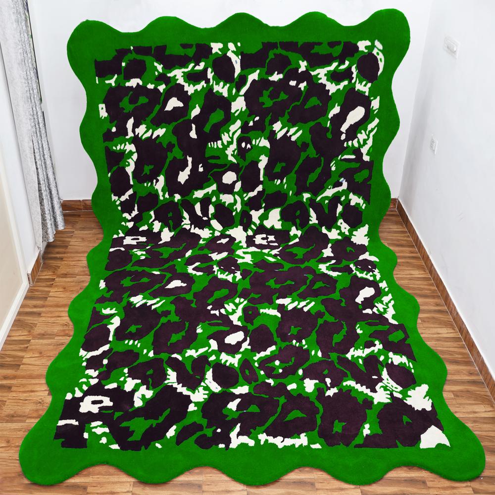 Abstract Green Black White Hand-Tufted Rug