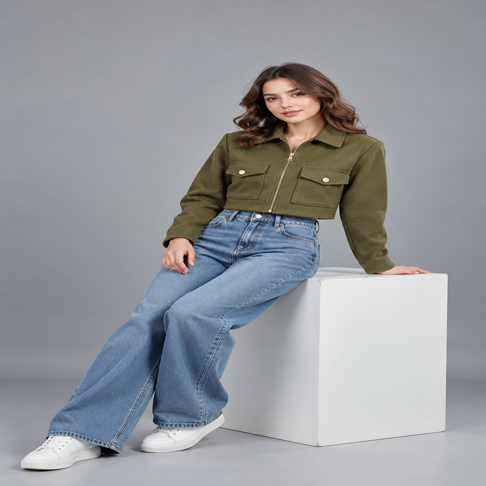 export surplus Women Olive Green Cropped Jacket