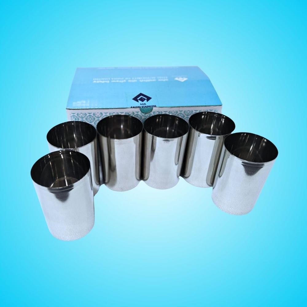 Straight Glasses JAL JYOTI, Set of 6 Drinking Glasses, Tumbler, SAIL Salem Steel, 304 Grade Stainless Steel, Salem Steel, Gift Pack, Food Grade, Rust Free, Creack Free