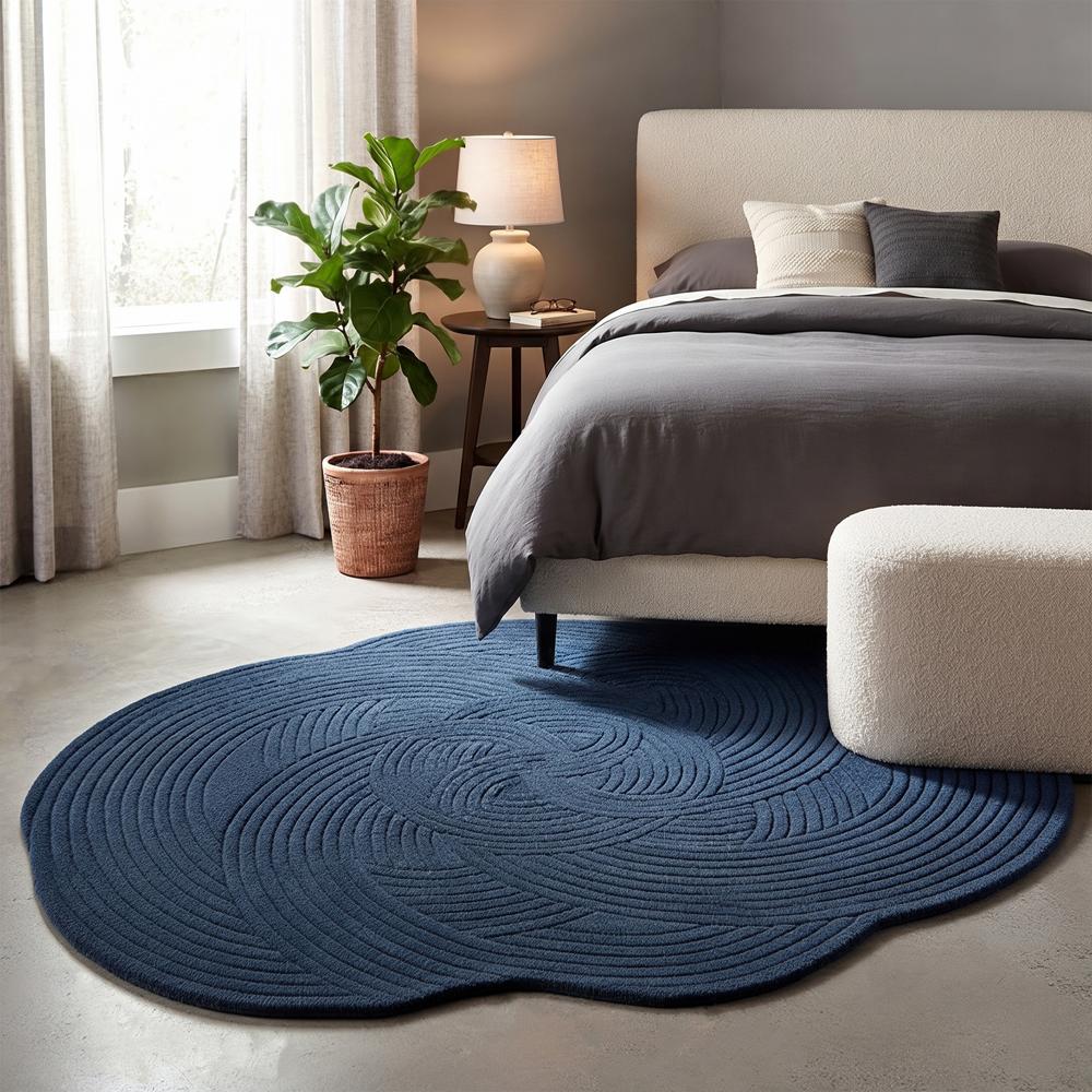 Navy Blue Abstract Circular Pattern Hand-Tufted Area Rug