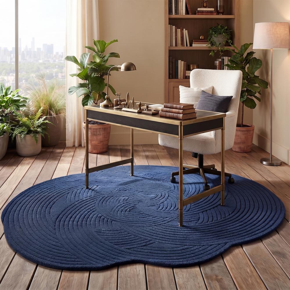 Navy Blue Abstract Circular Pattern Hand-Tufted Area Rug