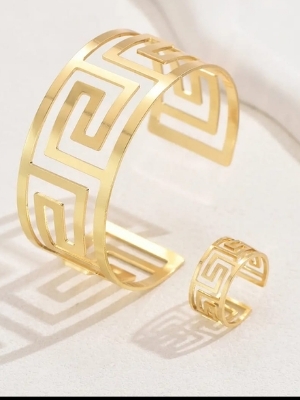 Greek Key (Meander) Gold Cuff Bracelet & Ring - Weight: 0.15