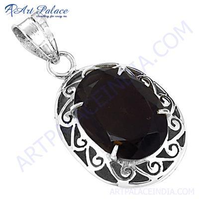 उत्कृष्ट डिजाइनर स्मोकी क्वार्ट्ज रत्न चांदी का लटकन