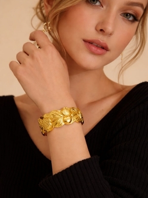 Floral Embossed Golden Cuff Bracelet - Color: Gold