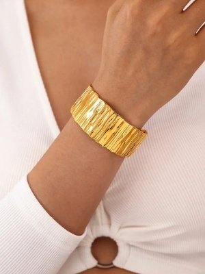 Textured Wide Gold Statement Cuff - Jewelry Type: Bracelets