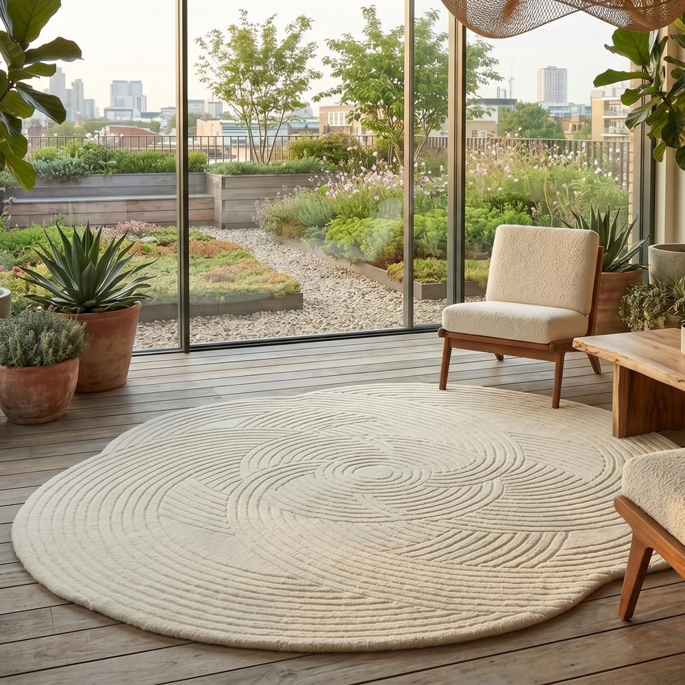White Abstract Circular Pattern Hand-Tufted Area Rug