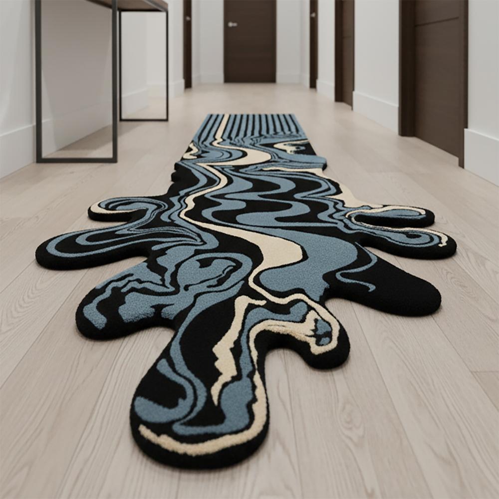 Custom Size Abstract Melting Runner Rug Black Blue Cream Modern Tufted Carpet