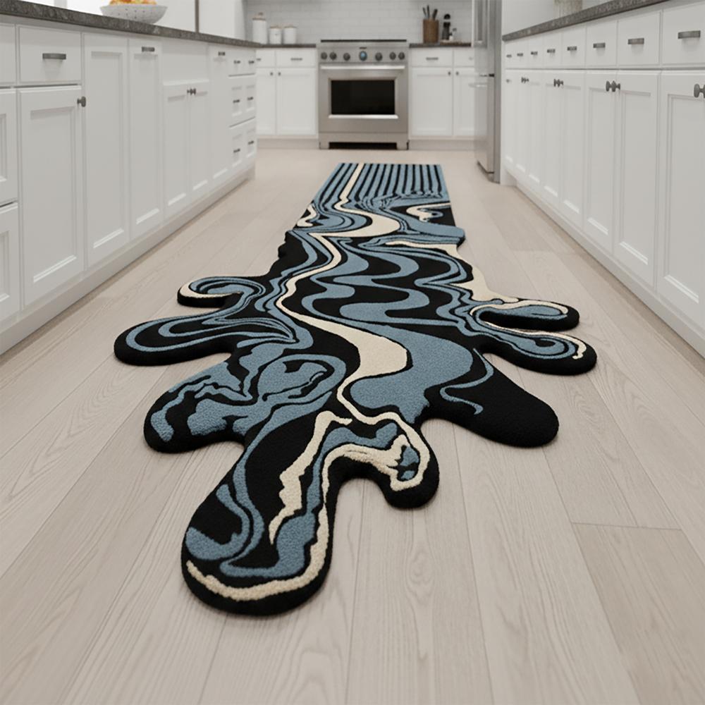 Custom Size Abstract Melting Runner Rug Black Blue Cream Modern Tufted Carpet