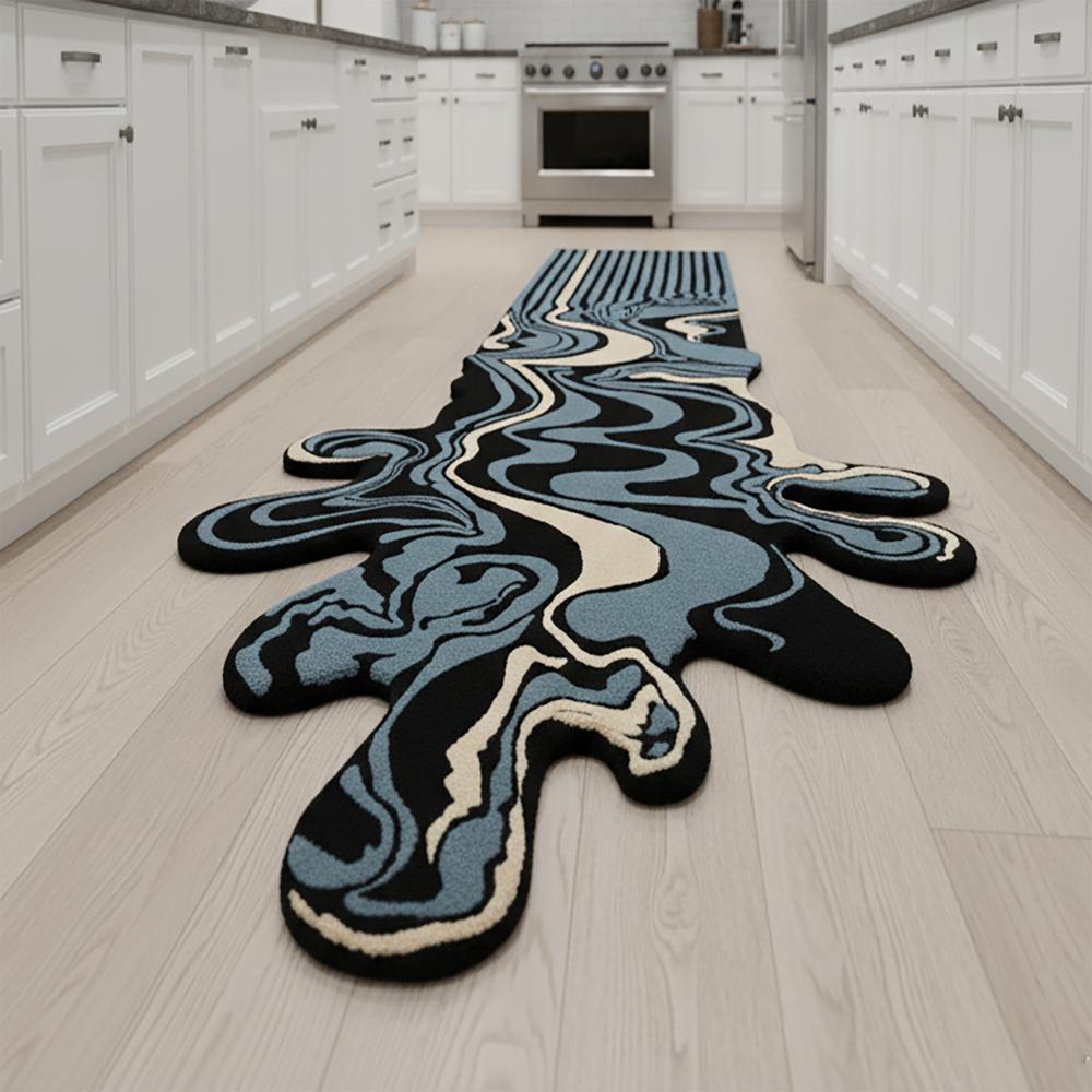 Custom Size Abstract Melting Runner Rug Black Blue Cream Modern Tufted Carpet