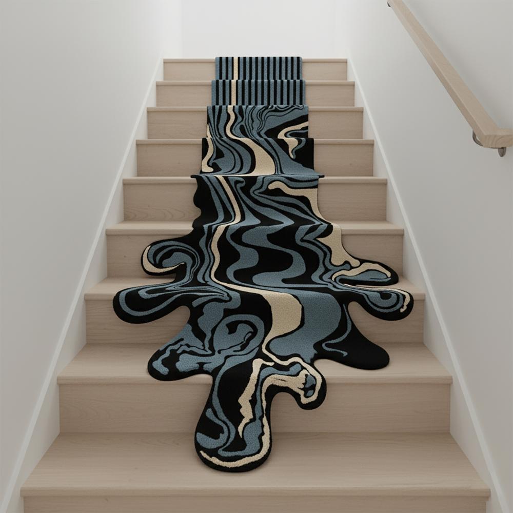 Custom Size Abstract Melting Runner Rug Black Blue Cream Modern Tufted Carpet