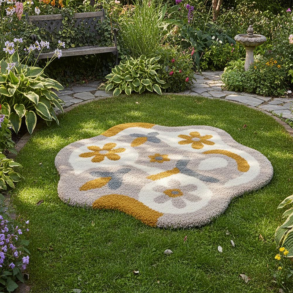 Handmade Abstract Floral Irregular Shape Tufted Area Rug in Beige and Mustard Yellow