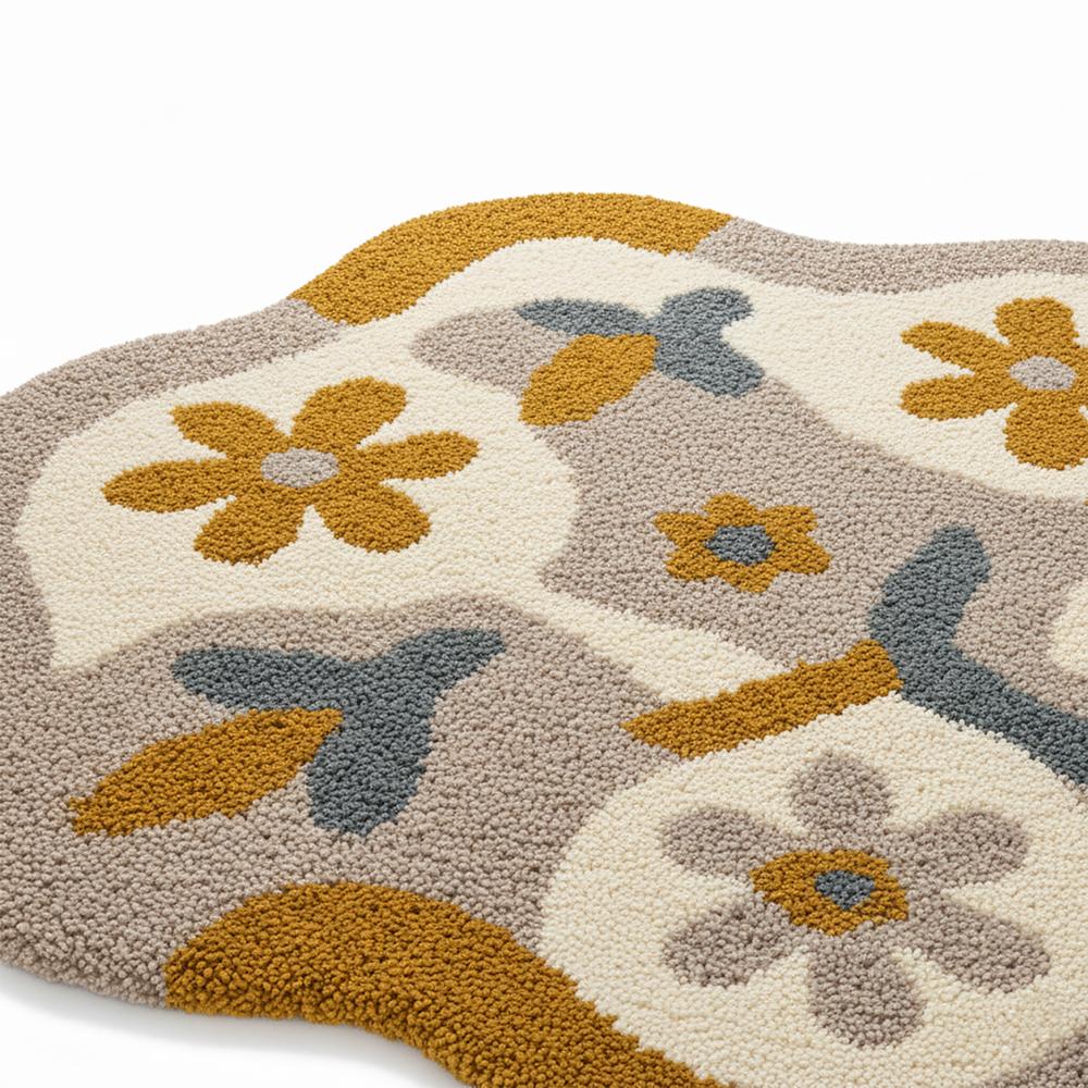 Handmade Abstract Floral Irregular Shape Tufted Area Rug in Beige and Mustard Yellow
