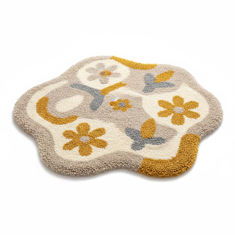 Handmade Abstract Floral Irregular Shape Tufted Area Rug in Beige and Mustard Yellow