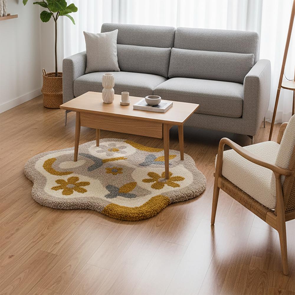 Handmade Abstract Floral Irregular Shape Tufted Area Rug in Beige and Mustard Yellow