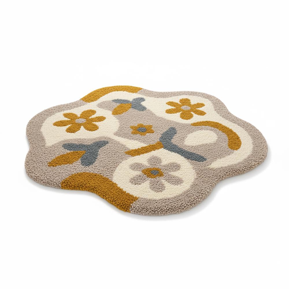 Handmade Abstract Floral Irregular Shape Tufted Area Rug in Beige and Mustard Yellow