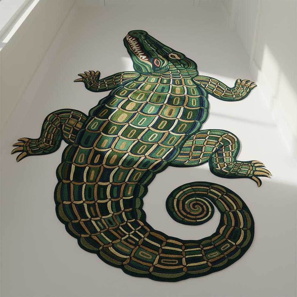 Handmade Crocodile Shape Tufted Rug 5x5 Feet Green Animal Design Area Carpet
