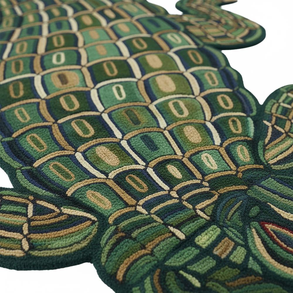 Handmade Crocodile Shape Tufted Rug 5x5 Feet Green Animal Design Area Carpet