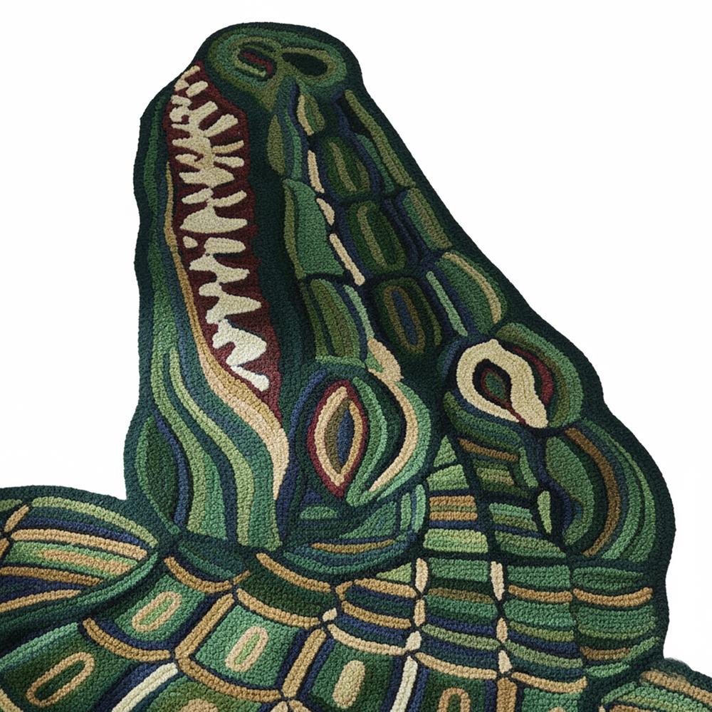 Handmade Crocodile Shape Tufted Rug 5x5 Feet Green Animal Design Area Carpet