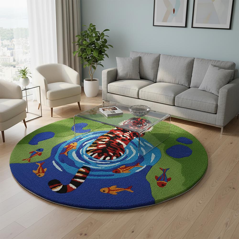 Handmade Round Animal Print Tufted Area Rug with Colorful Fish Pond Design