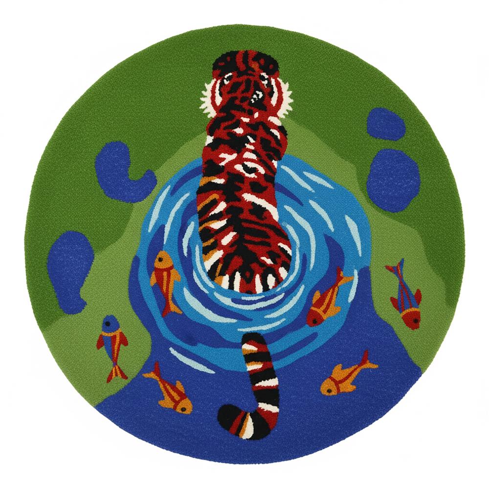 Handmade Round Animal Print Tufted Area Rug with Colorful Fish Pond Design