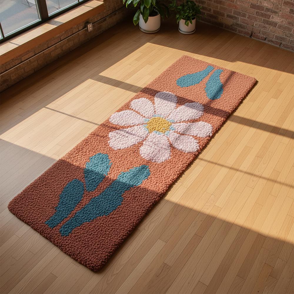 Handmade Floral Runner Rug with Brown Background and Blue Leaves