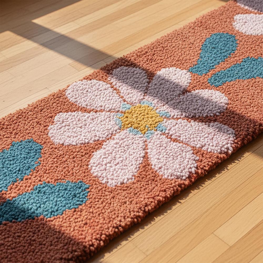 Handmade Floral Runner Rug with Brown Background and Blue Leaves
